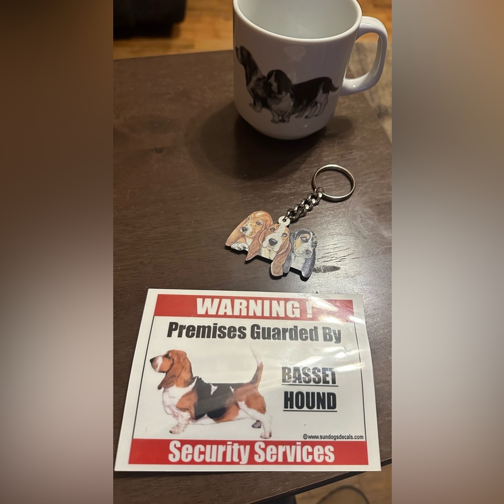 Brand New Basset hound coffee cup, key chain and window sticker